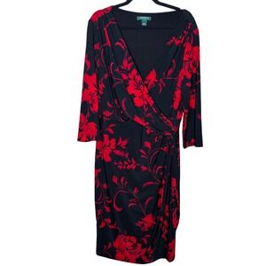 Lauren Ralph Lauren Floral Faux Wrap Dress Red Black Plus Size 18W 3/4 Sleeve